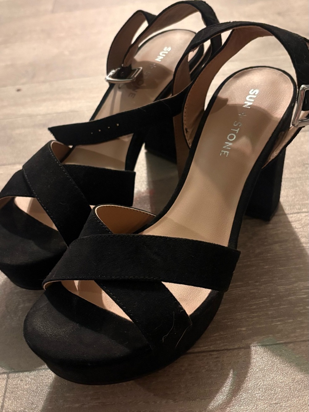 Sun + Stone Black Suede Crisscross Block Heel Sandals